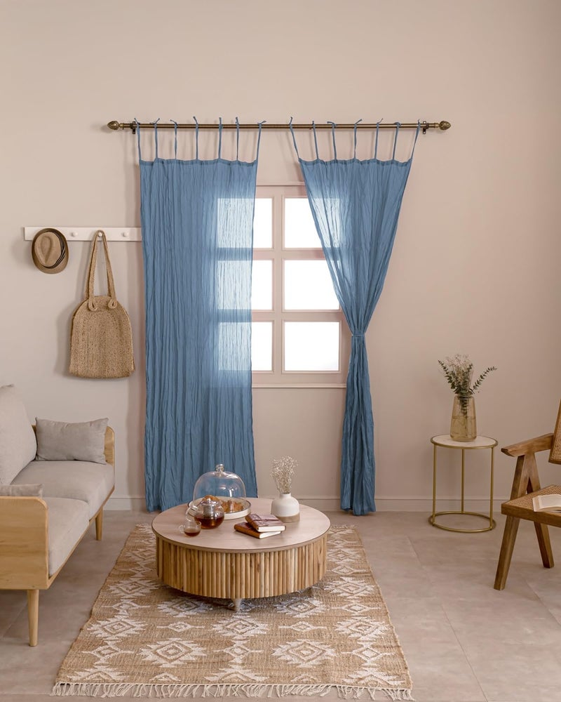 TARAN LIVING Cotton Sheer Crinkle Curtains 84" Long for Bedroom Living Room 42" Wide DÃ©cor Window Treatment Rod Pocket 2 Panel Curtain Drapes for Home Decorations - Blue - Image 2